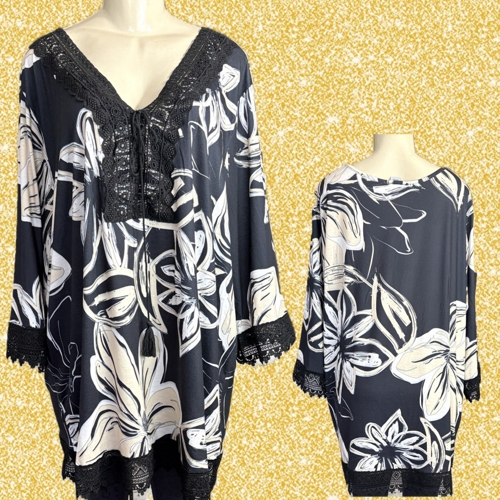 Catherines +3X Black Floral Tunic Top Crochet Lace Trim V-Neck Tassel 3/4 Sleeve